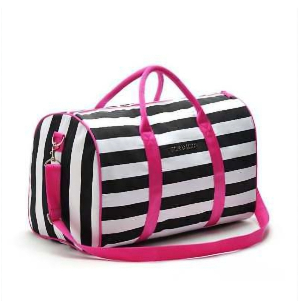 Victorias Secret Black & White Striped Weekend Duffle Tote Bag Pink Handles NWT